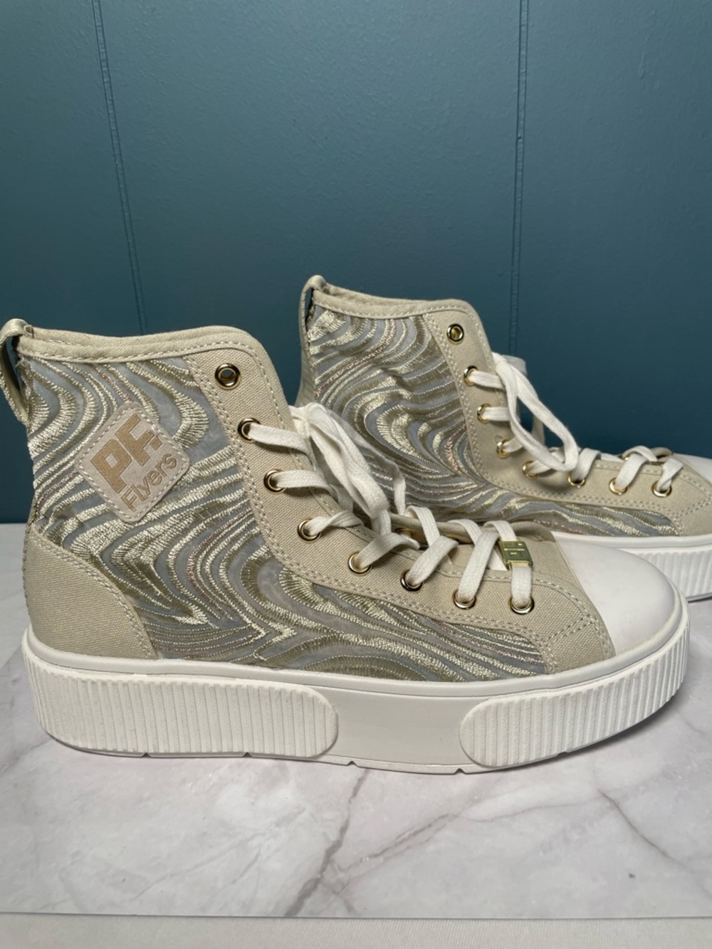 Retro PF Flyers Allston Mesh High Top Sneakers Shoes Women's Sz 9 Beige & Gold